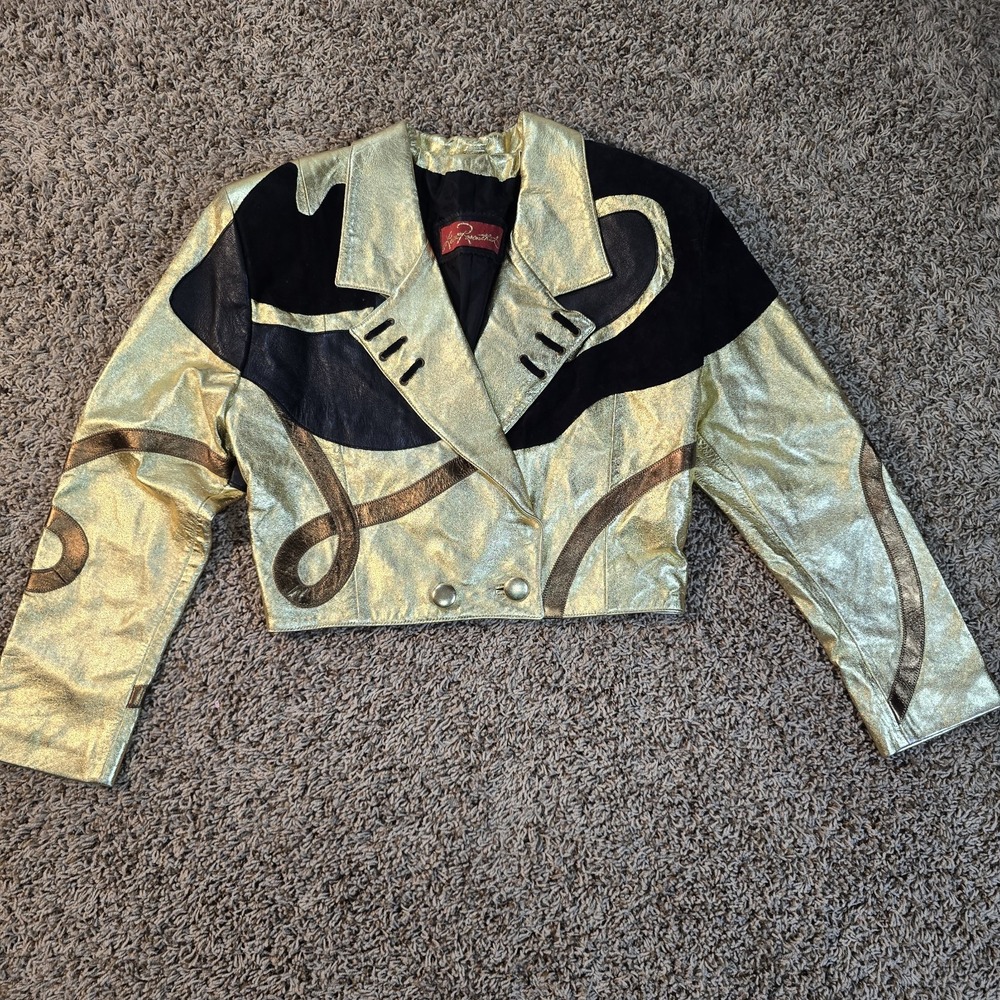 Vintage Laura Rosenthal Black‎ And Gold Metallic Leather Jacket Size Small